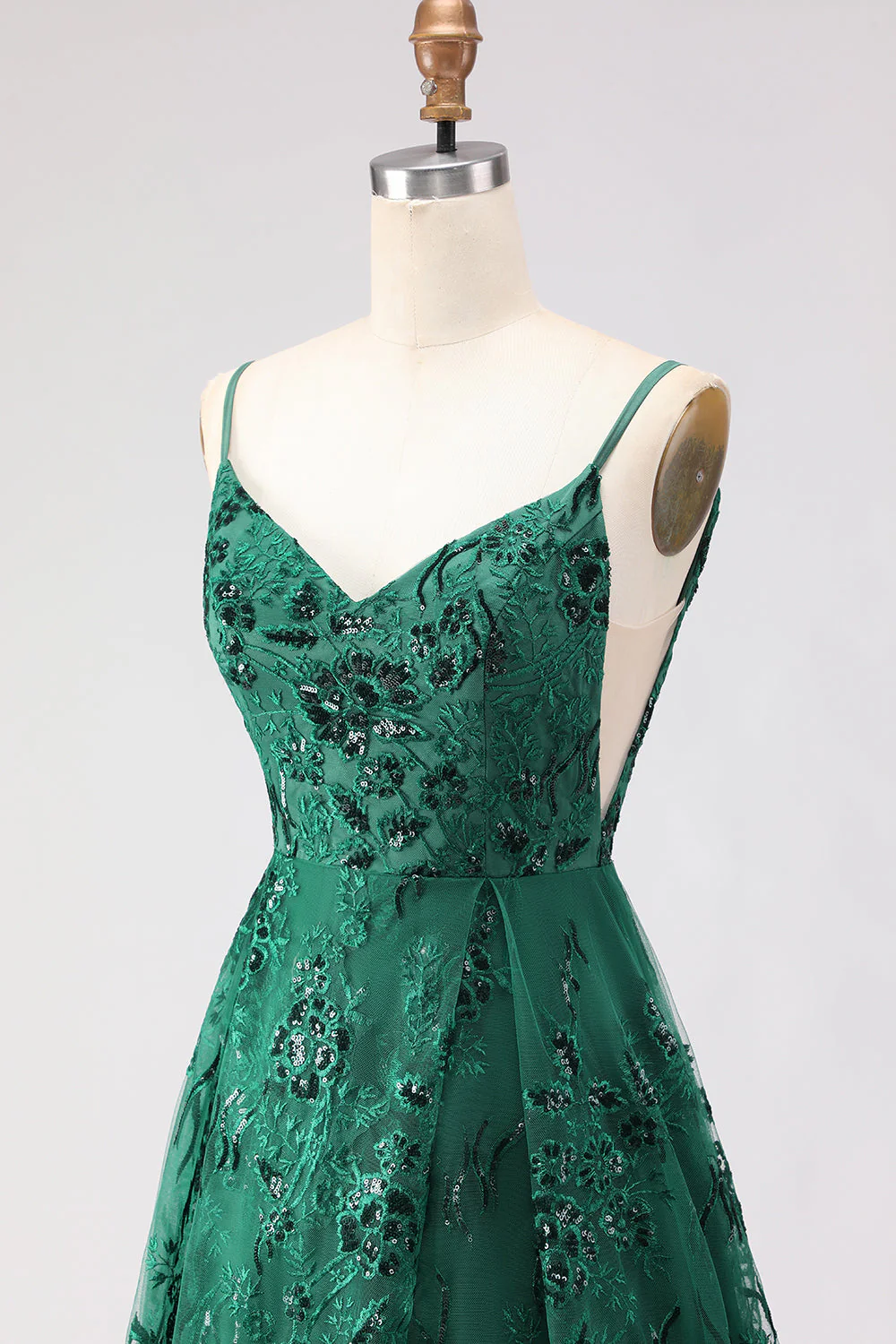 Dark Green A Line Sequins Embroidered Lace Up Back Long Prom Dress with Slit - Image 6