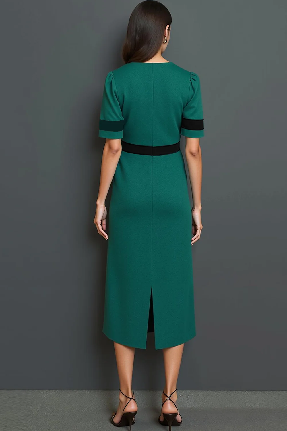 Dark Green A Line Short Sleeves Long Work Dress with Buttons - Image 2
