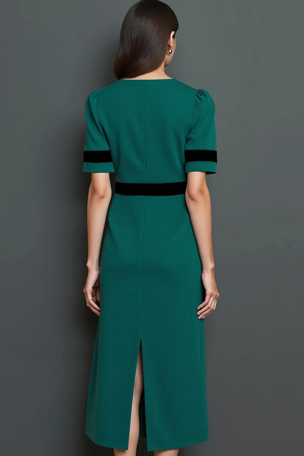 Dark Green A Line Short Sleeves Long Work Dress with Buttons - Image 4