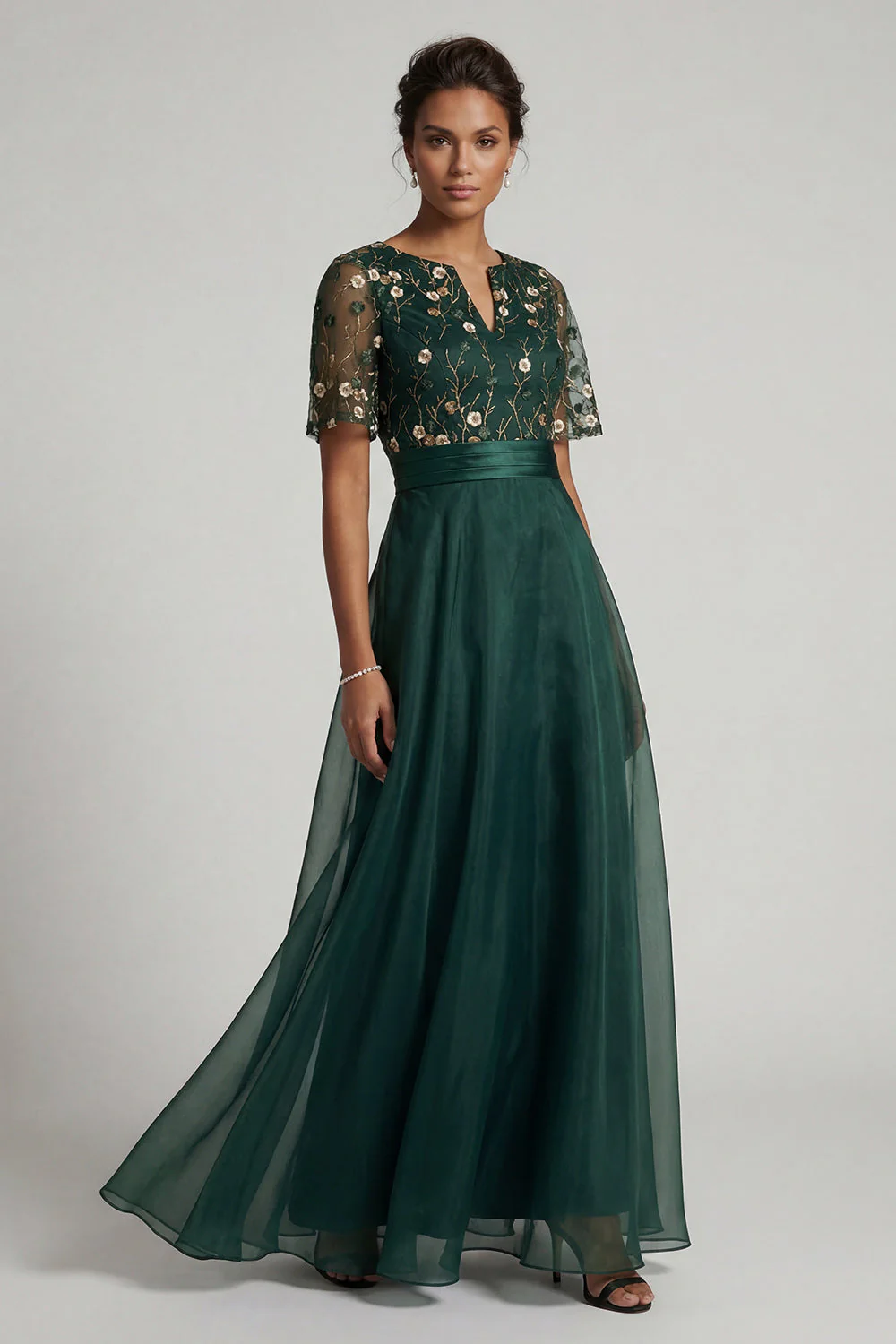 Dark Green A Line Short Sleeves Mother of the Bride Dress with Embroidery - Image 3