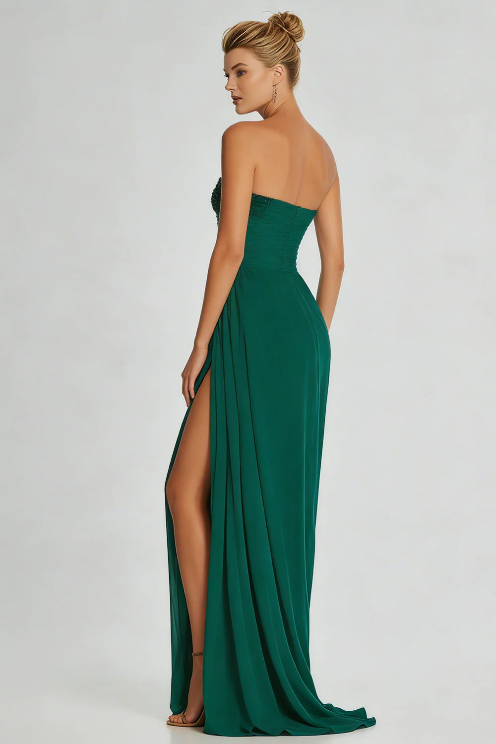 Dark Green A Line Strapless Long Chiffon Dress with Slit - Image 2