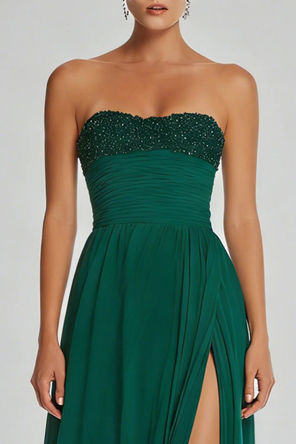 Dark Green A Line Strapless Long Chiffon Dress with Slit - Image 3
