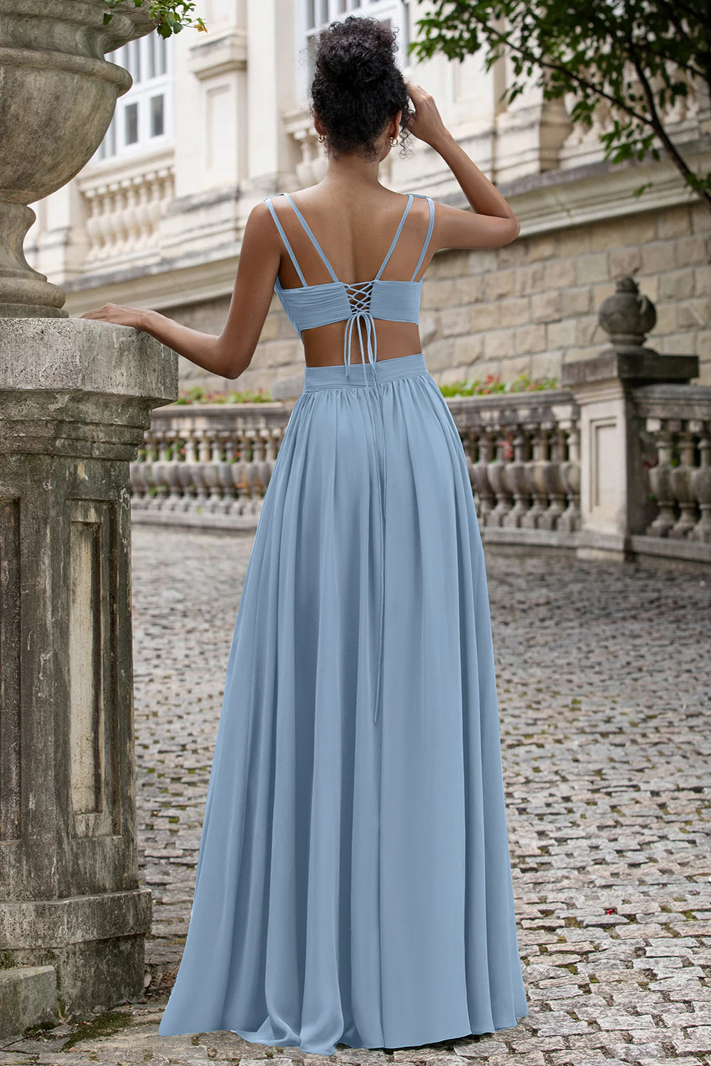 Dark Green A Line V Neck Pleated Chiffon Long Bridesmaid Dress with Lace-up Back - Image 16