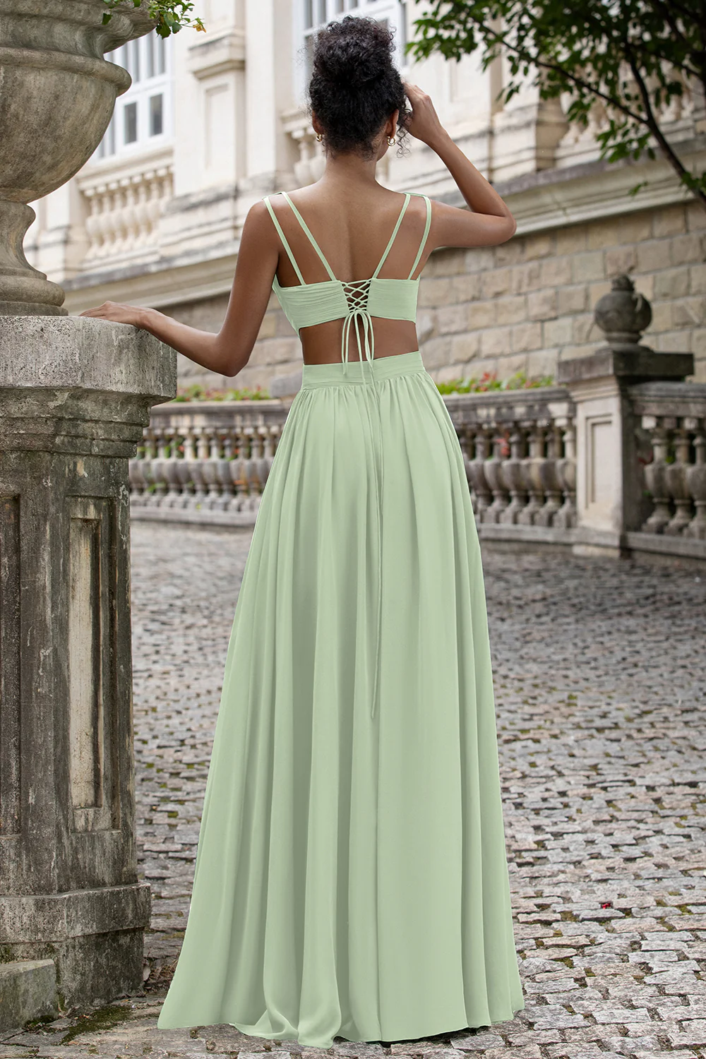 Dark Green A Line V Neck Pleated Chiffon Long Bridesmaid Dress with Lace-up Back - Image 18