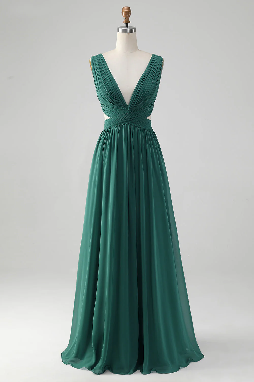 Dark Green A Line V Neck Pleated Chiffon Long Bridesmaid Dress with Lace-up Back - Image 3