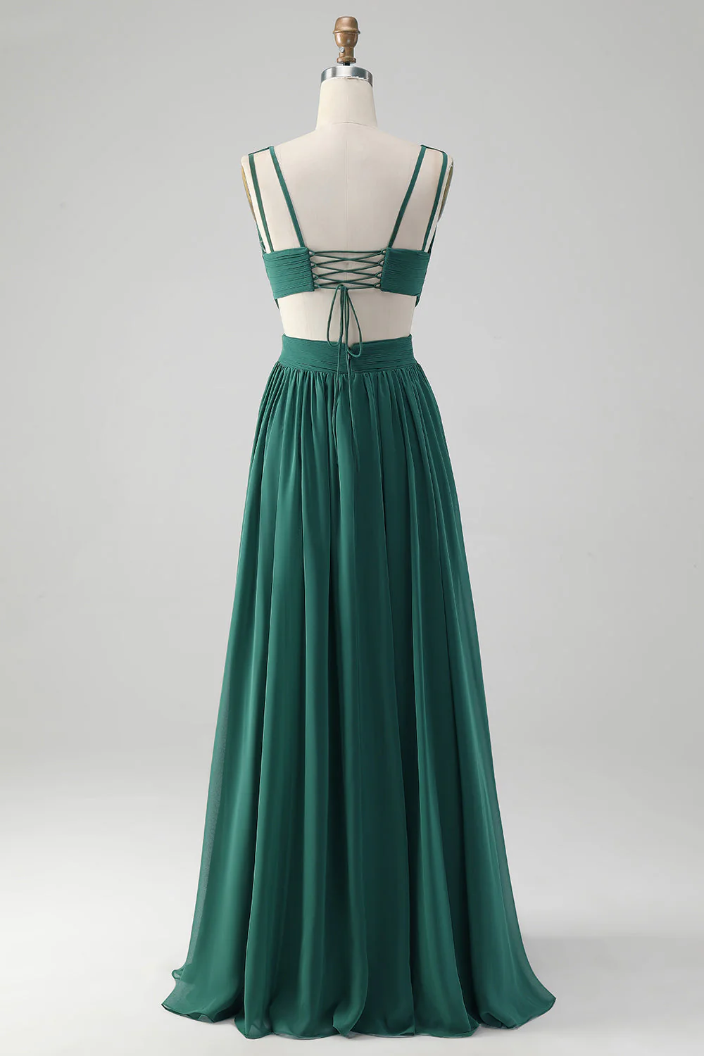 Dark Green A Line V Neck Pleated Chiffon Long Bridesmaid Dress with Lace-up Back - Image 4