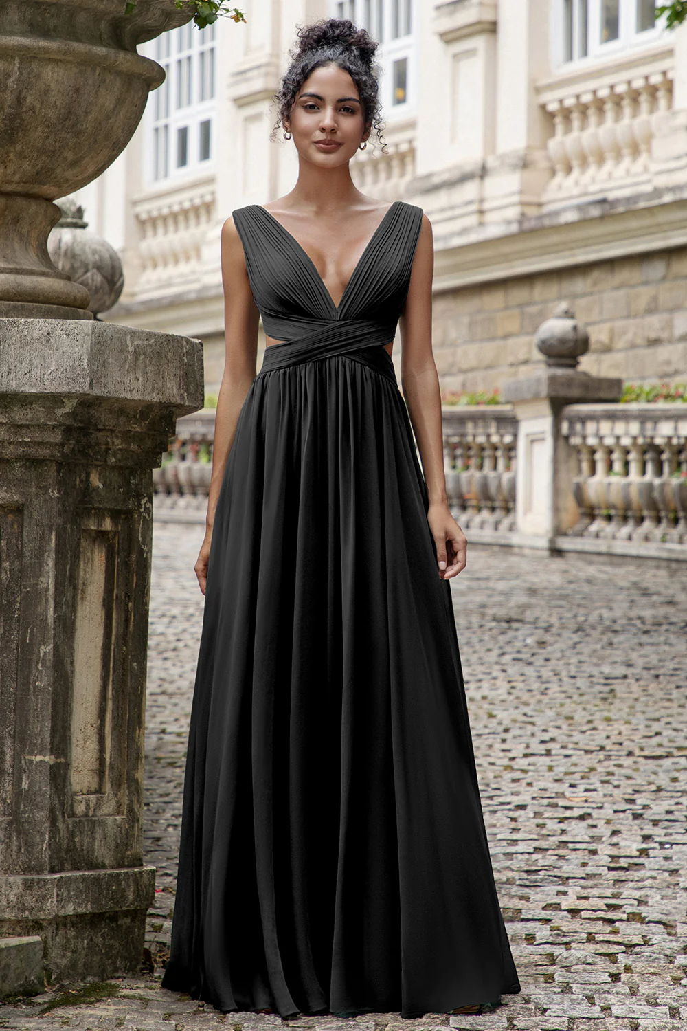 Dark Green A Line V Neck Pleated Chiffon Long Bridesmaid Dress with Lace-up Back - Image 9