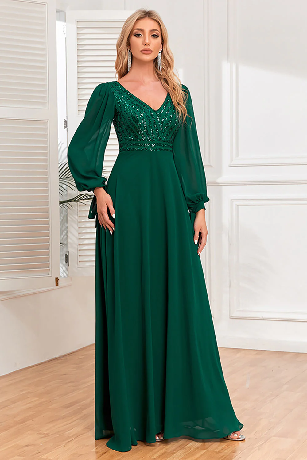 Dark Green A-Line V Neck Long Evening Dress With Sequins - Image 3