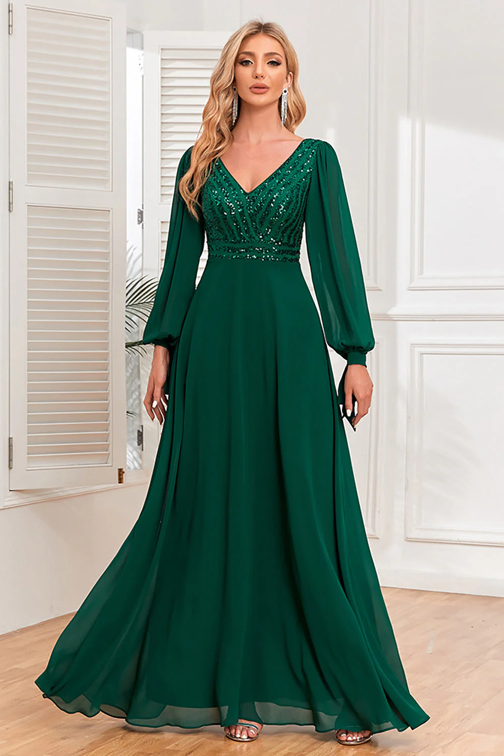 Dark Green A-Line V Neck Long Evening Dress With Sequins - Image 4