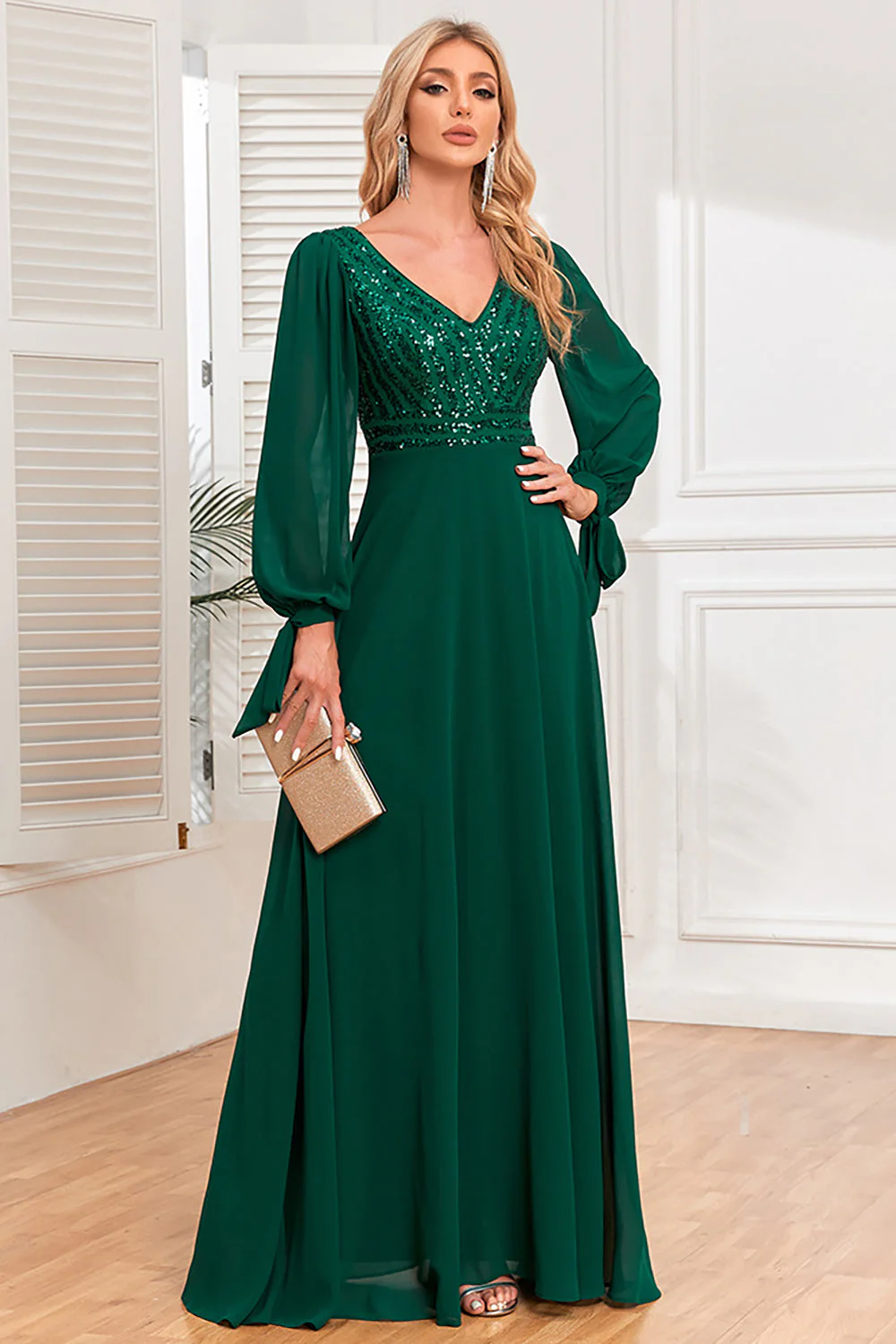Dark Green A-Line V Neck Long Evening Dress With Sequins - Image 5