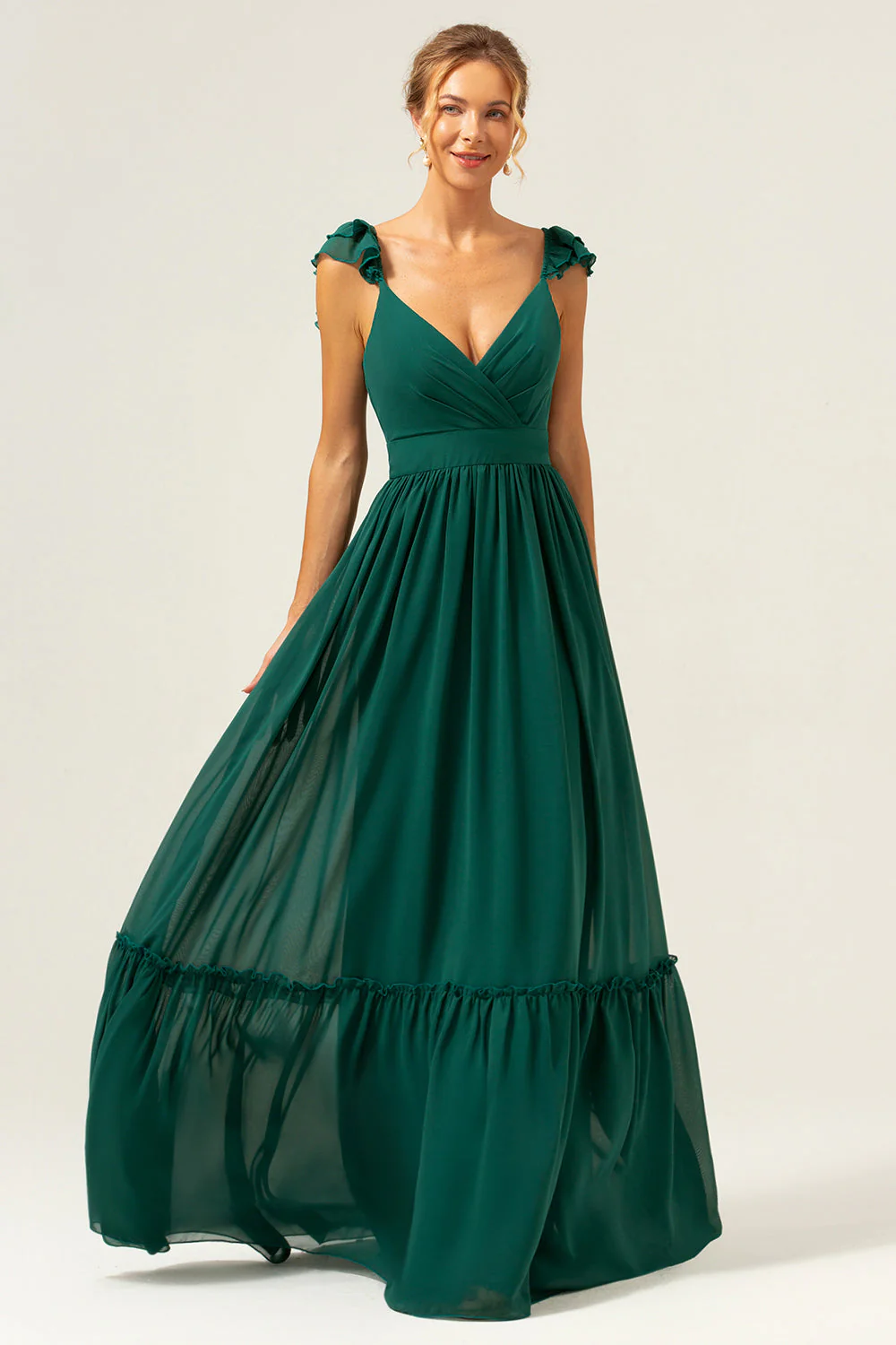 Dark Green A Line V-Neck Chiffon Long Bridesmaid Dress - Image 3