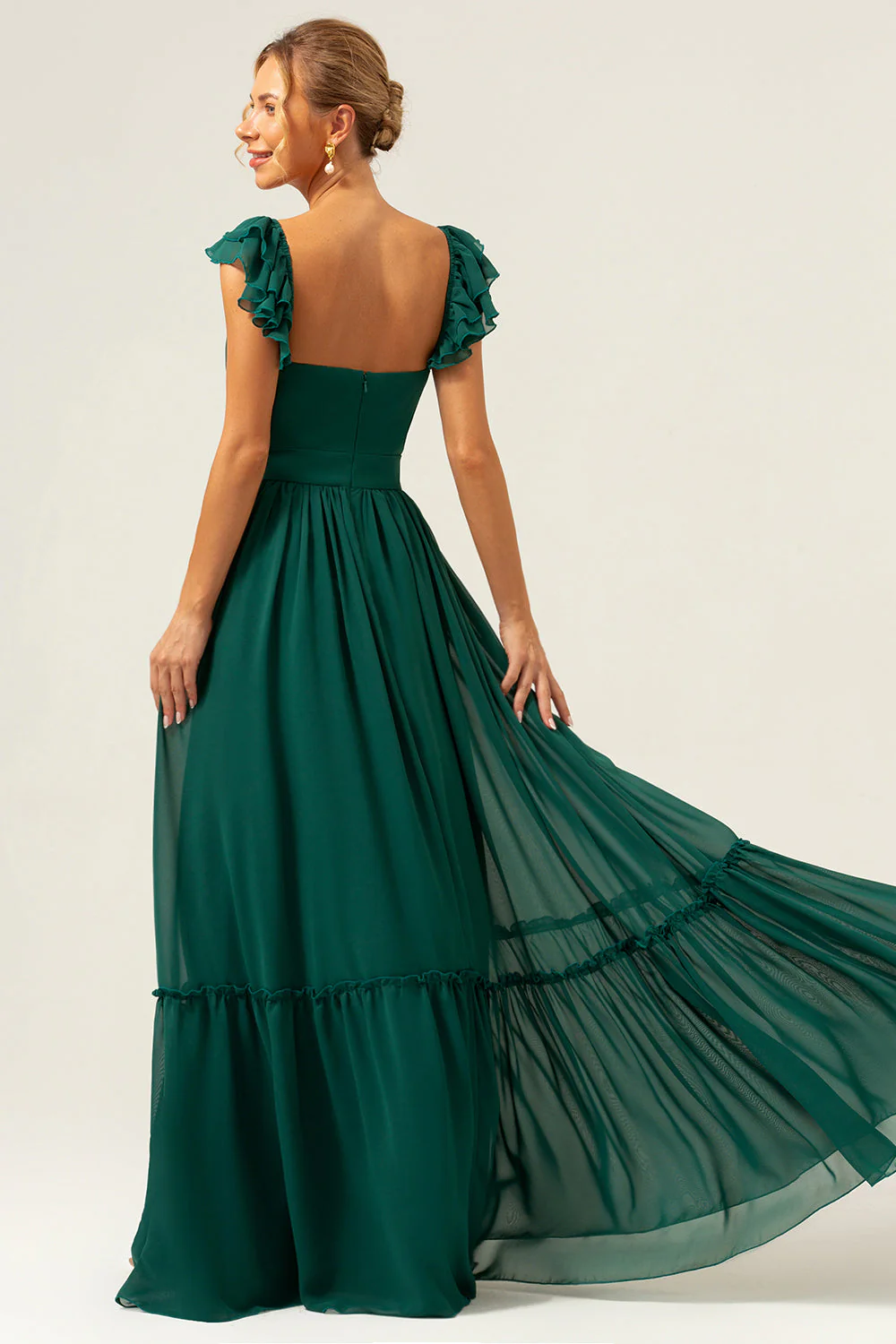Dark Green A Line V-Neck Chiffon Long Bridesmaid Dress - Image 4