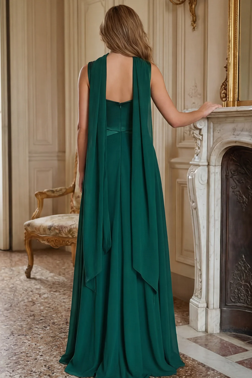 Dark Green A Line Wide Straps Long Bridesmaid Dress with a Neck Scarf - Image 2
