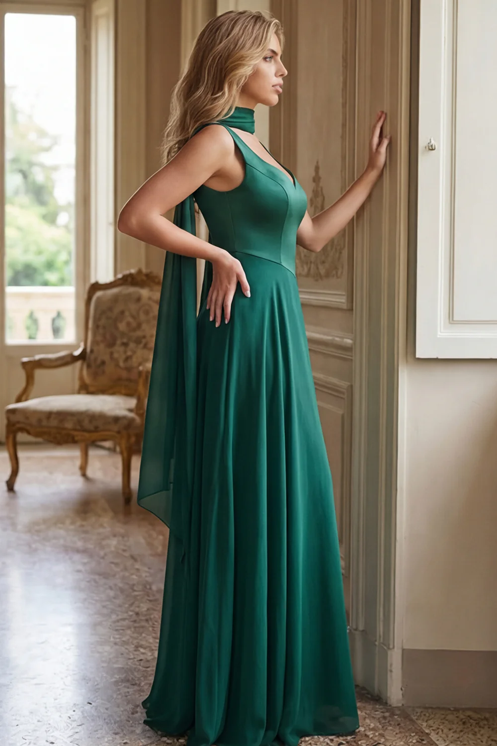 Dark Green A Line Wide Straps Long Bridesmaid Dress with a Neck Scarf - Image 3