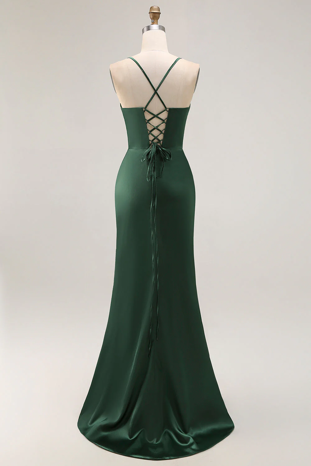 Dark Green Corset Satin Prom Dress With Slit - Image 2
