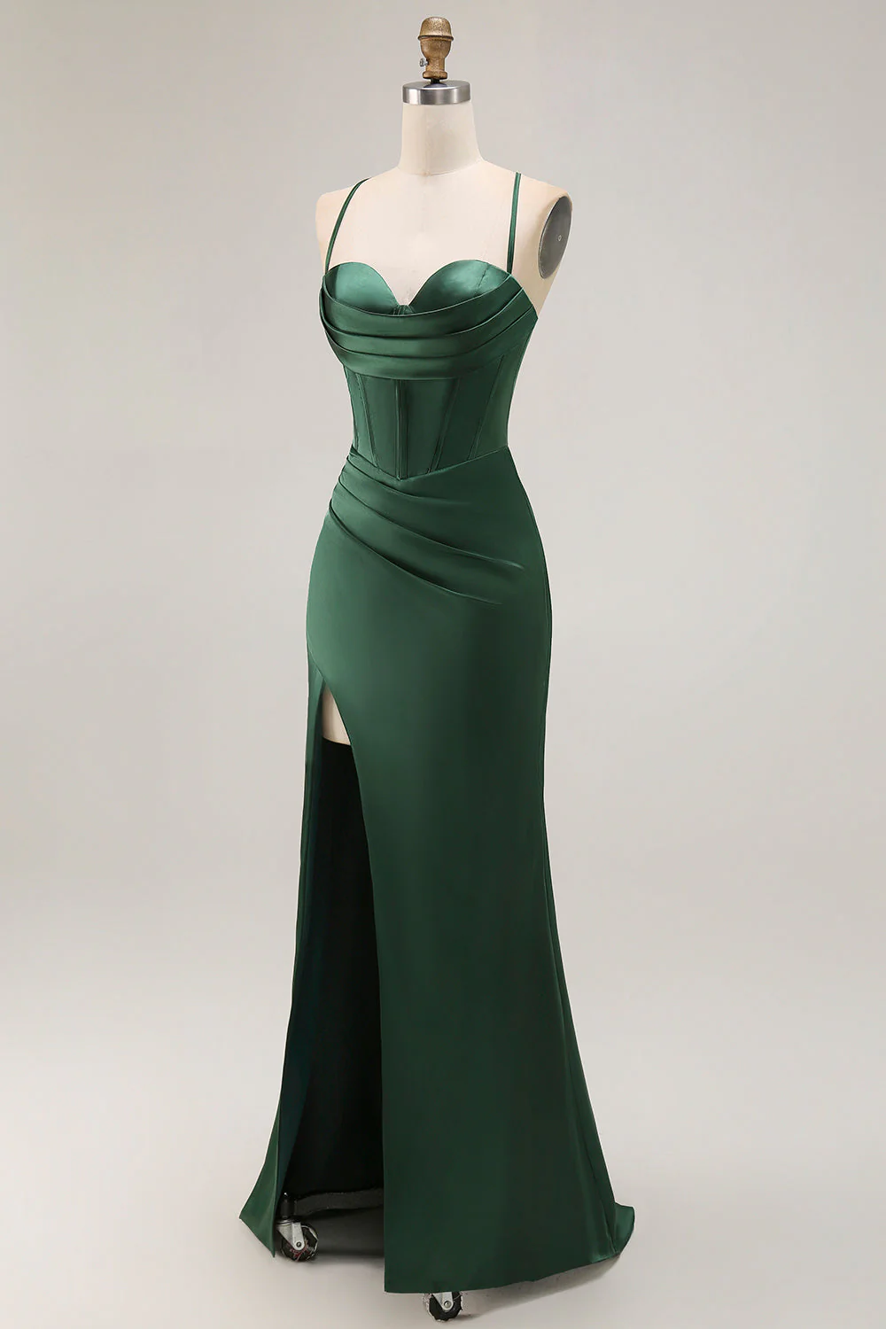 Dark Green Corset Satin Prom Dress With Slit - Image 3