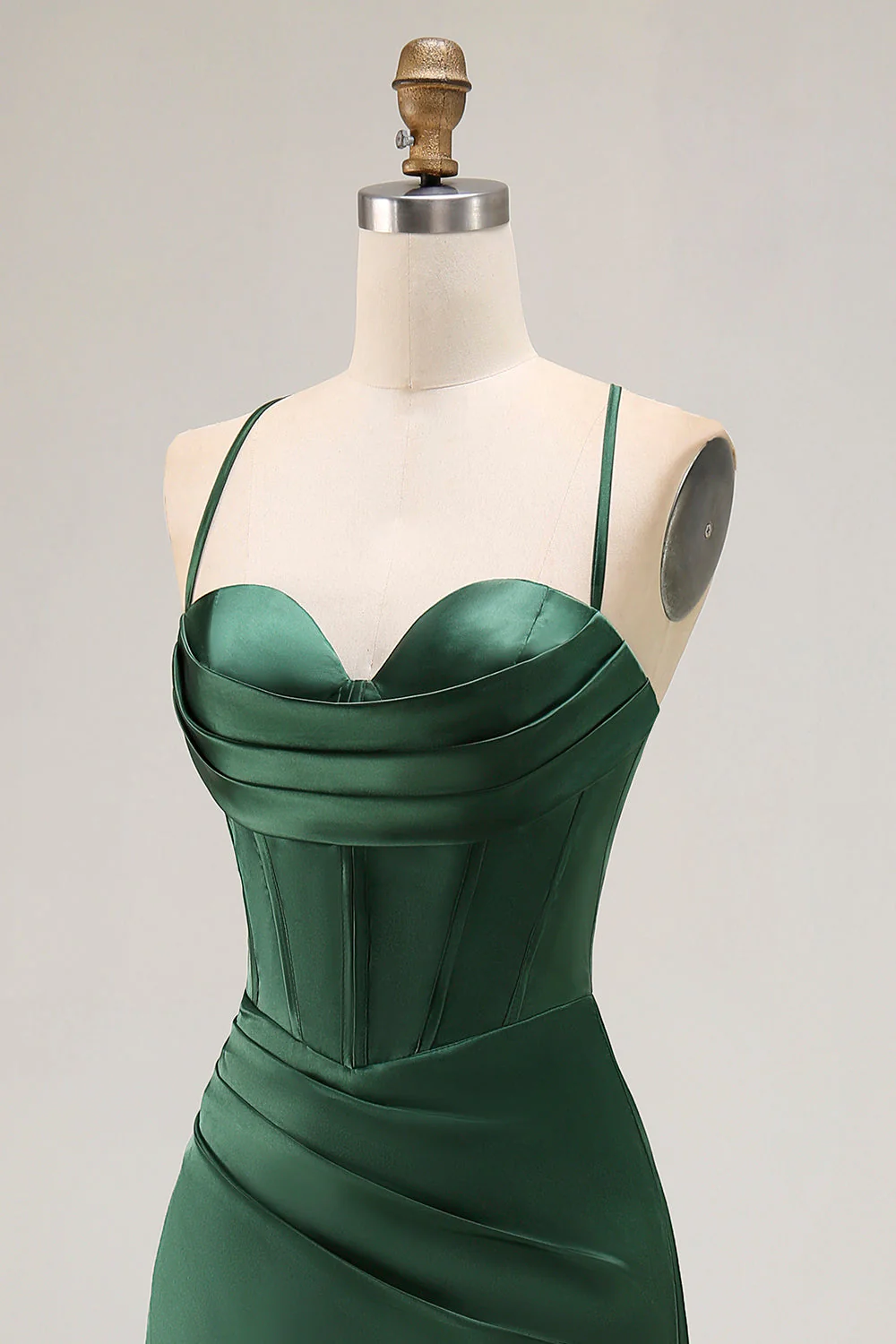 Dark Green Corset Satin Prom Dress With Slit - Image 6