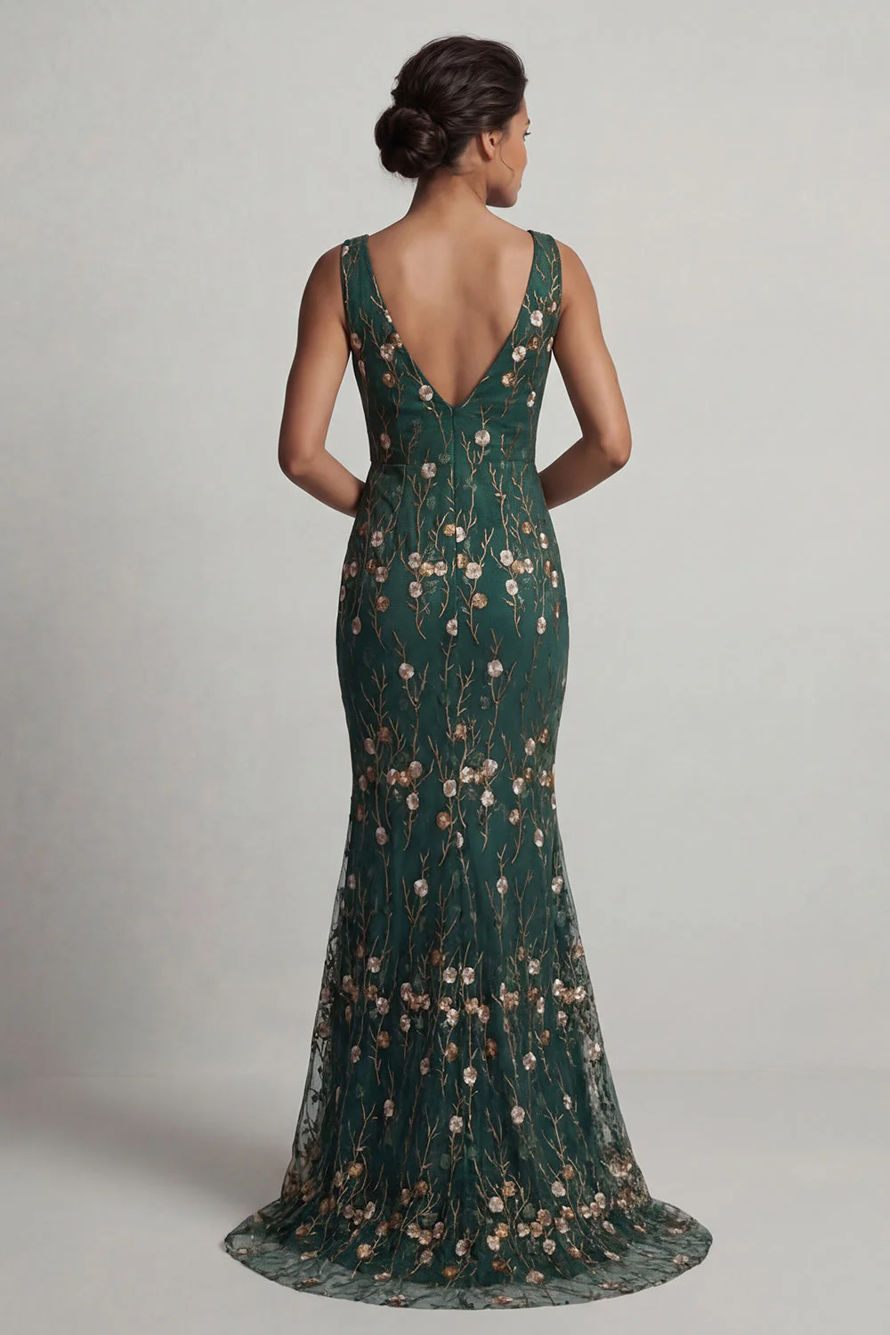 Dark Green Embroidered Mermaid V-Neck Long Mother of the Bride Dress - Image 2
