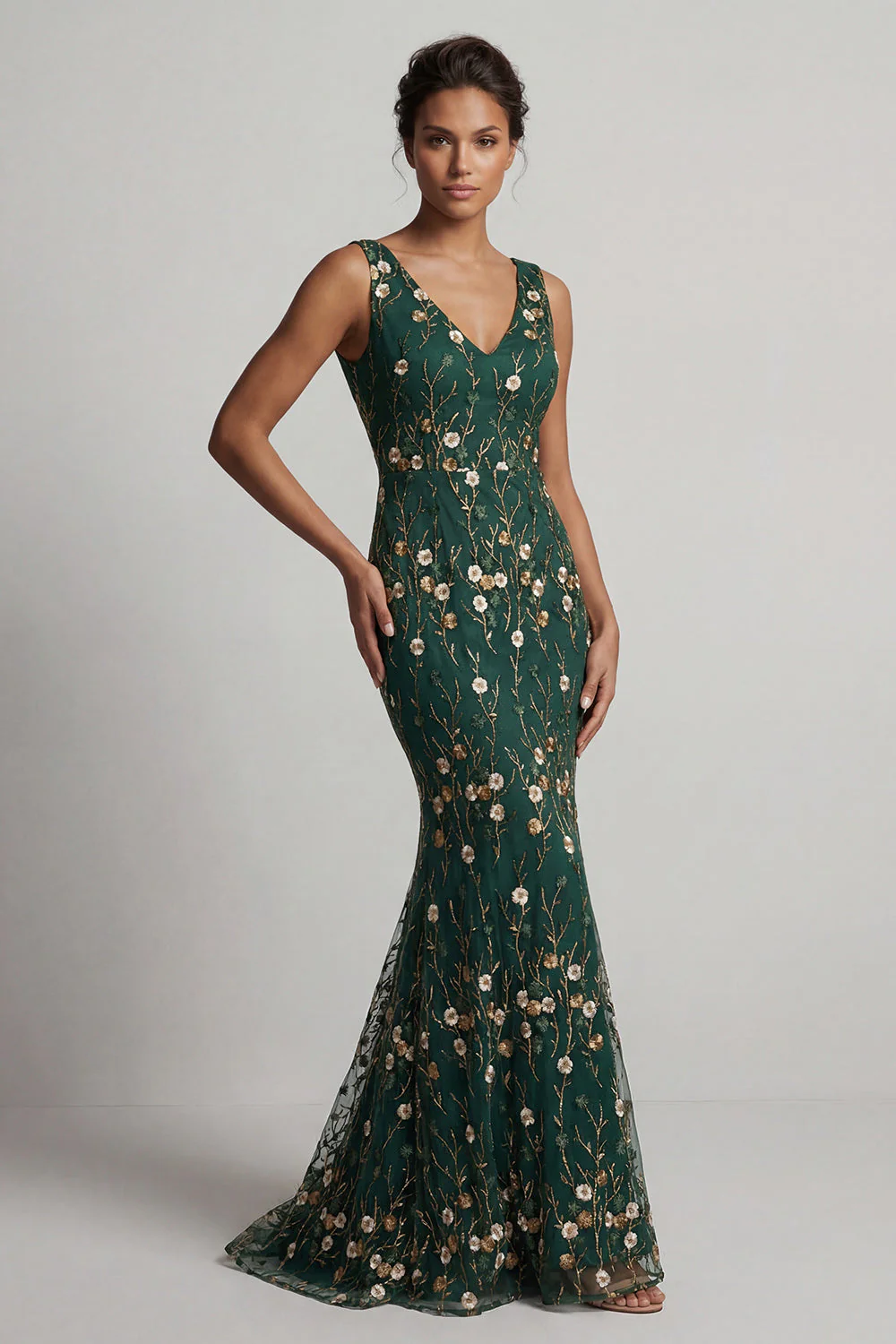 Dark Green Embroidered Mermaid V-Neck Long Mother of the Bride Dress - Image 3