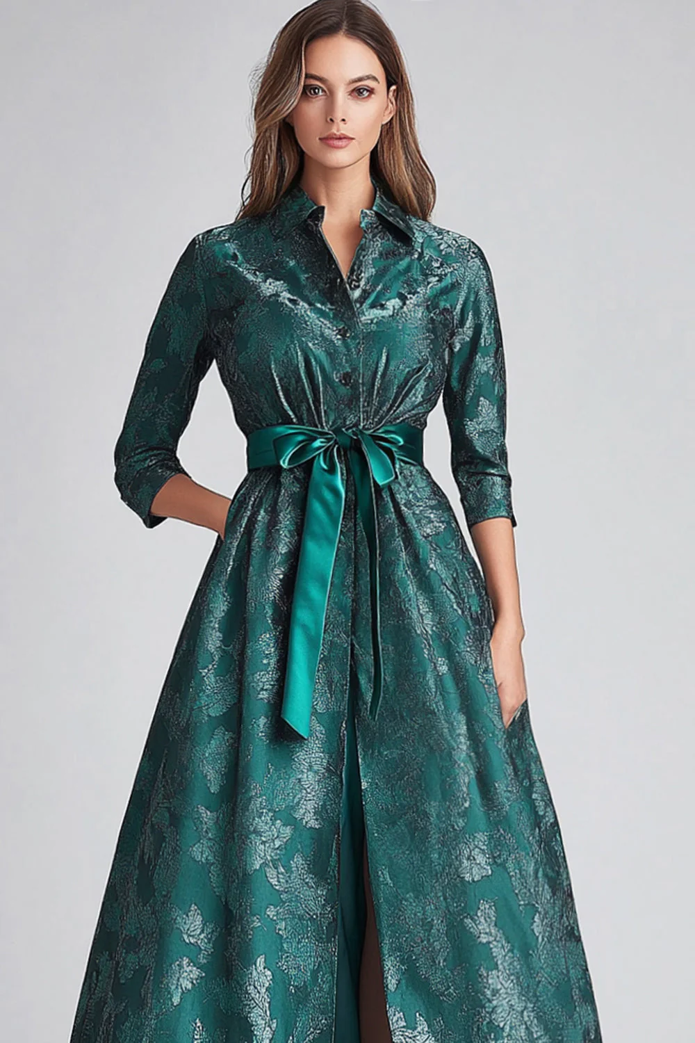 Dark Green Floral A Line Mother of Bride Dress with Pockets - Image 3