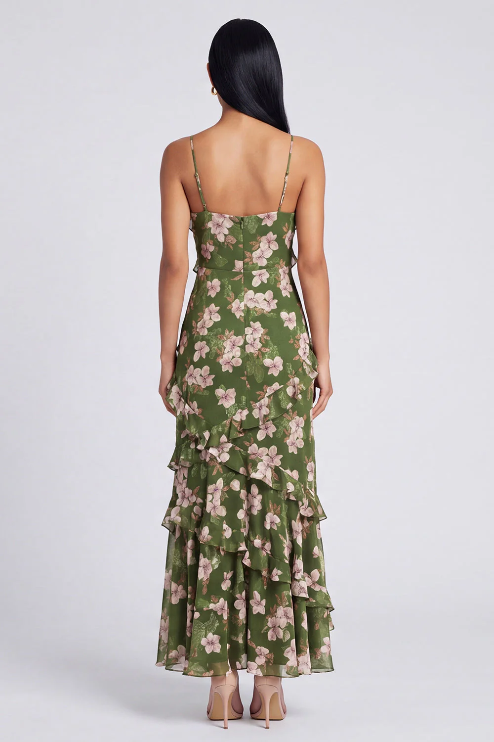 Dark Green A Line Chiffon Spaghetti Straps Maxi Floral Dress with Ruffles - Image 2