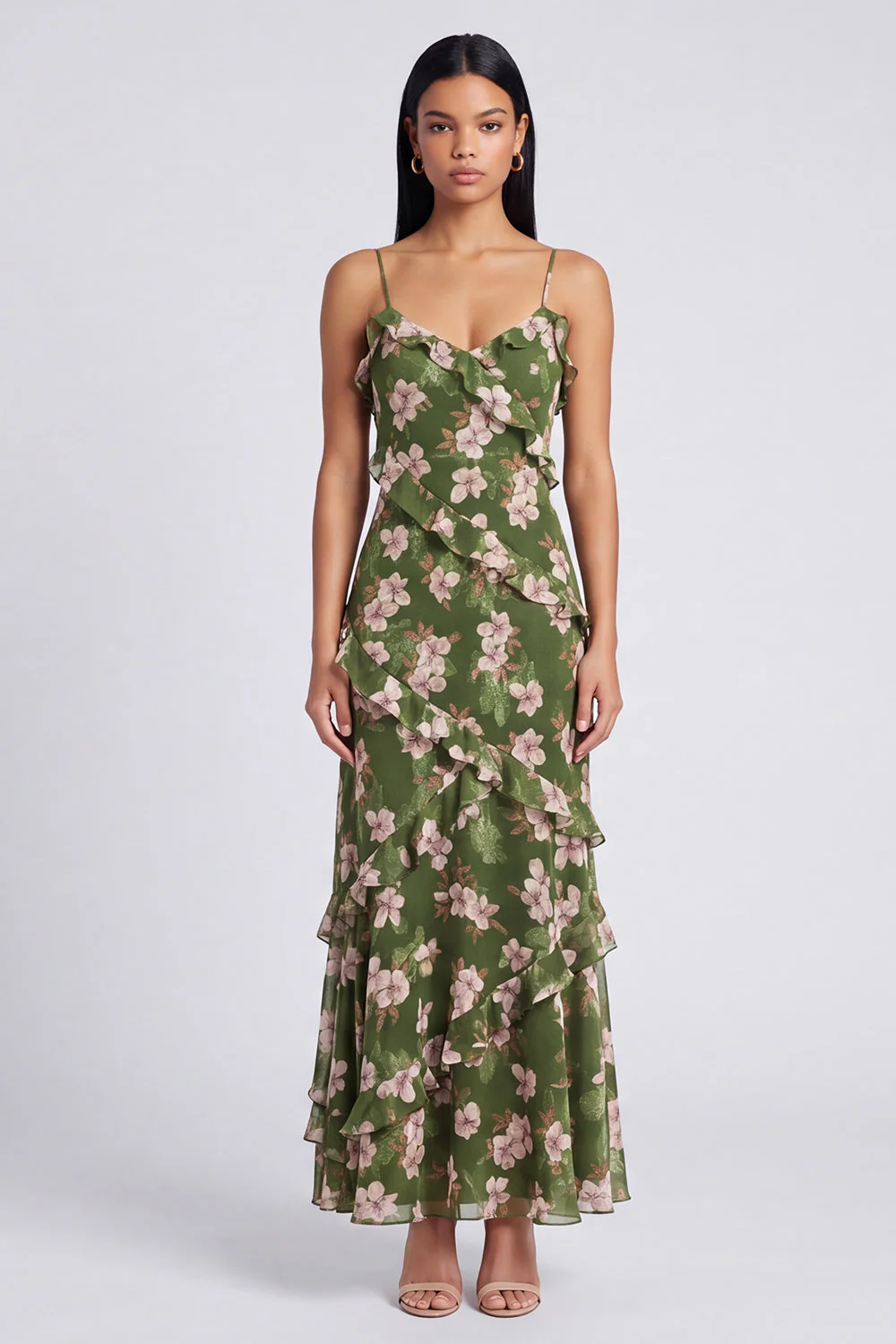 Dark Green A Line Chiffon Spaghetti Straps Maxi Floral Dress with Ruffles - Image 3