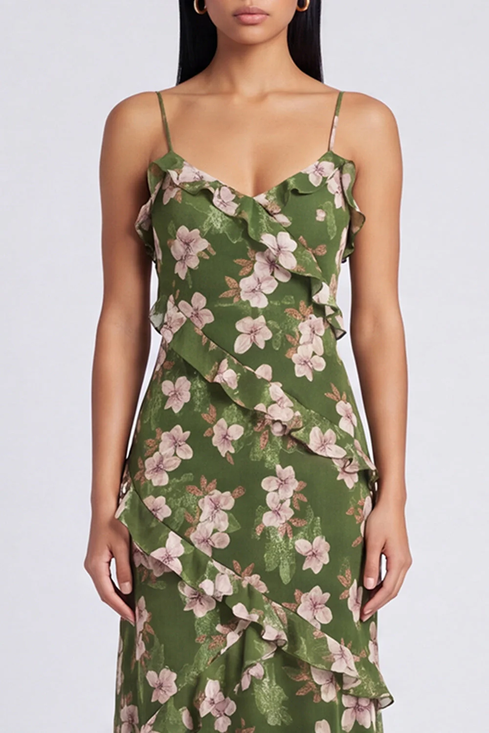 Dark Green A Line Chiffon Spaghetti Straps Maxi Floral Dress with Ruffles - Image 4