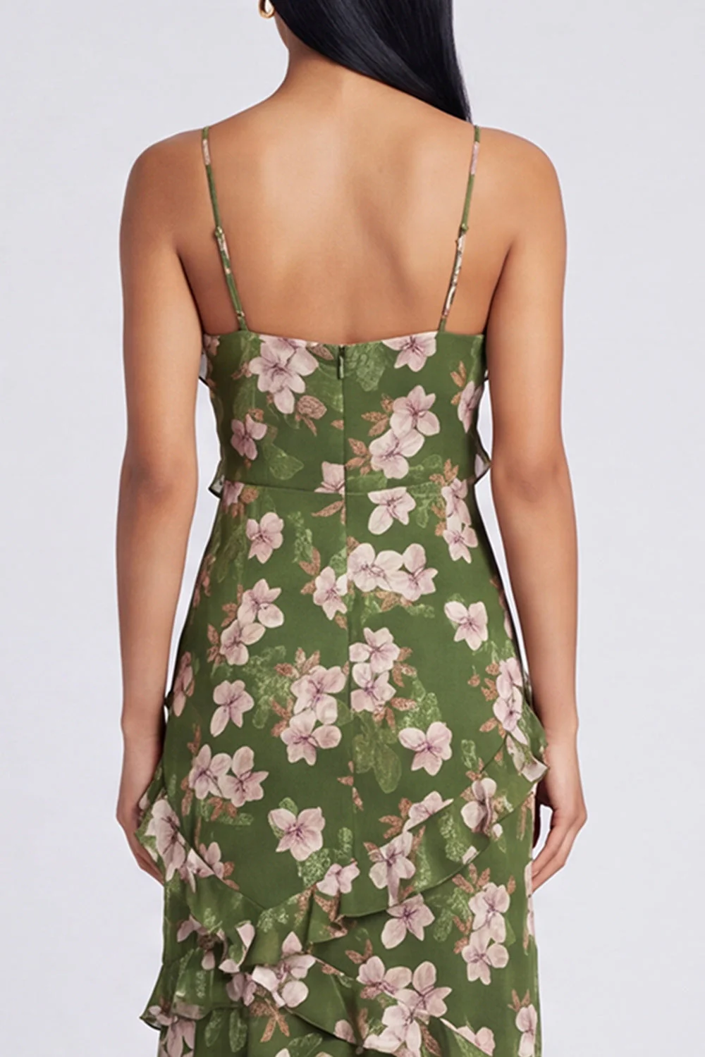 Dark Green A Line Chiffon Spaghetti Straps Maxi Floral Dress with Ruffles - Image 5