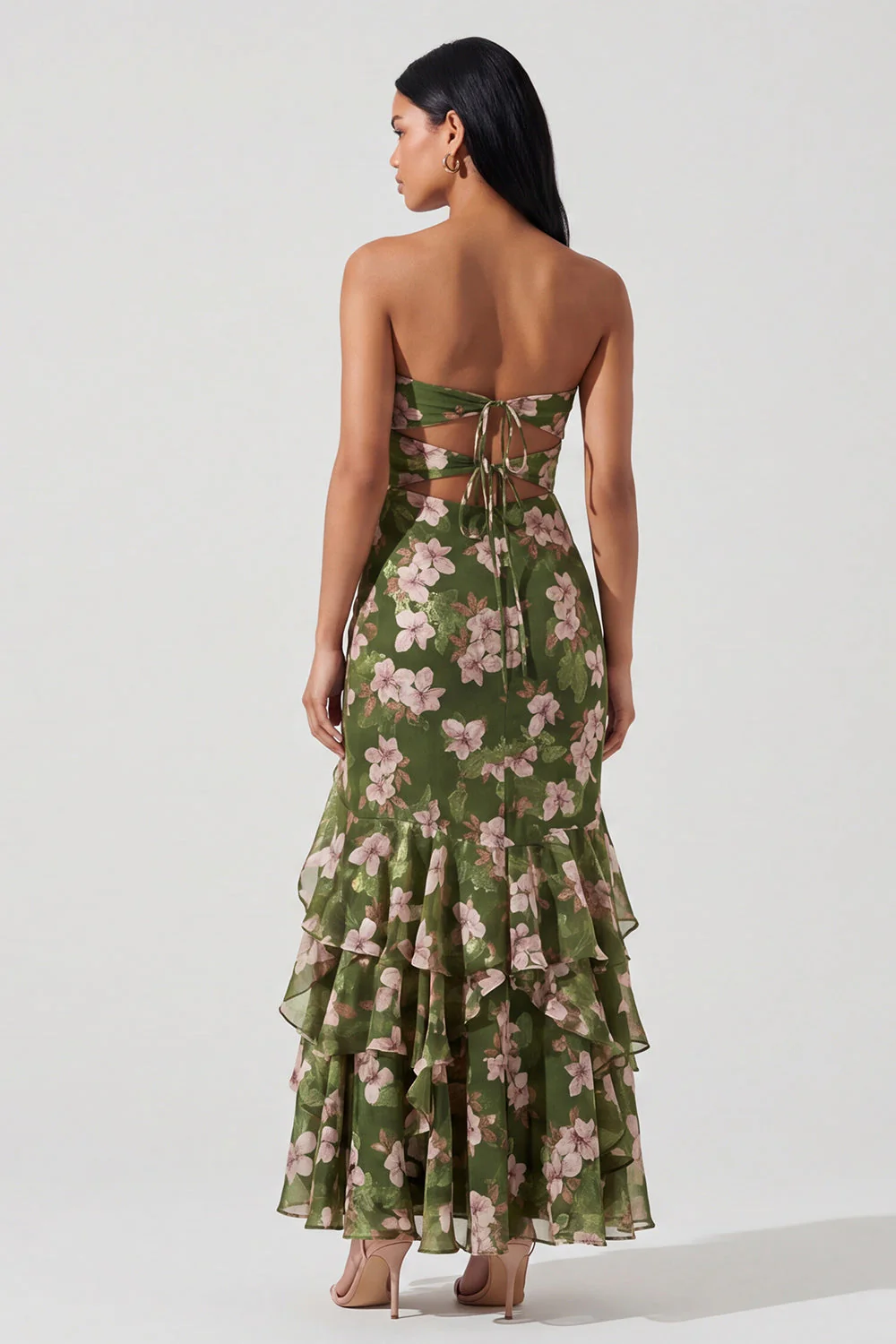 Dark Green Strapless Cut Out A Line Ruffled Maxi Floral Dress - Image 2