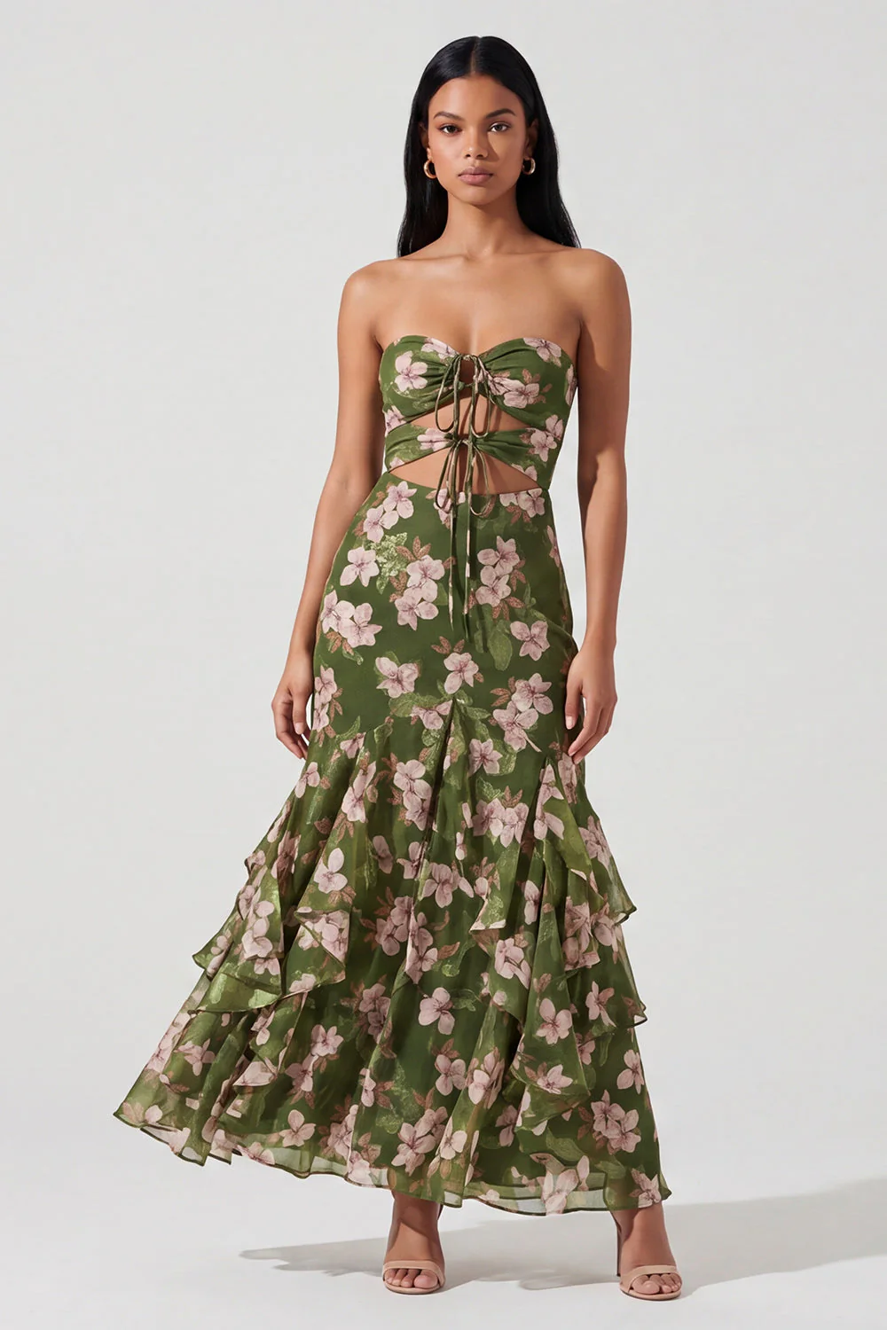 Dark Green Strapless Cut Out A Line Ruffled Maxi Floral Dress - Image 3