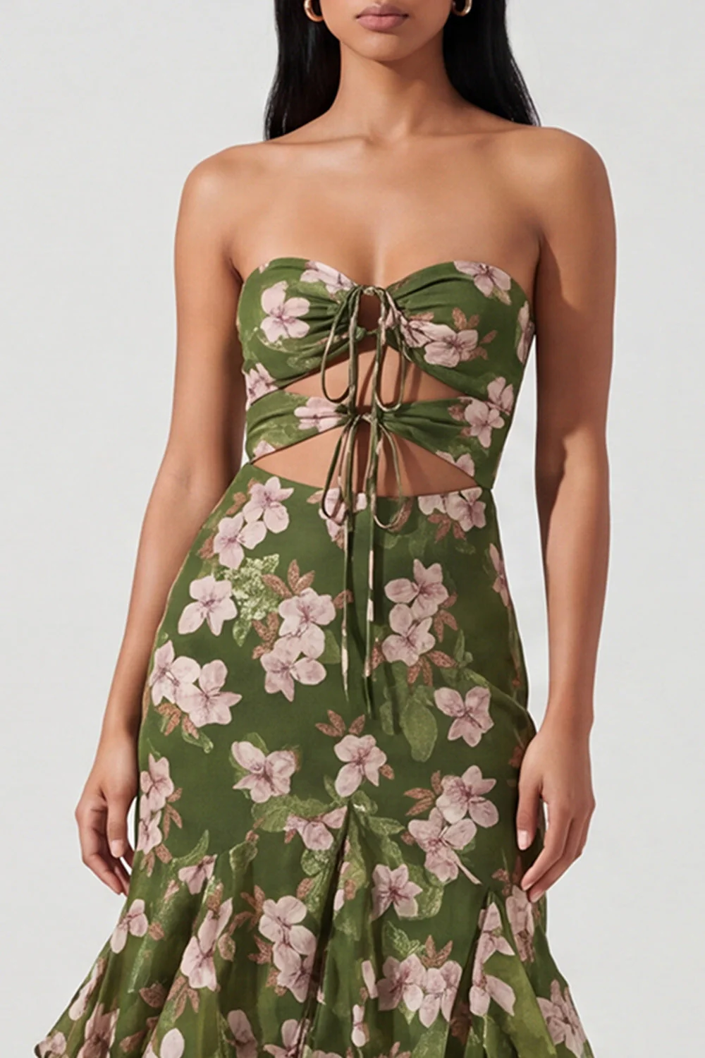 Dark Green Strapless Cut Out A Line Ruffled Maxi Floral Dress - Image 4