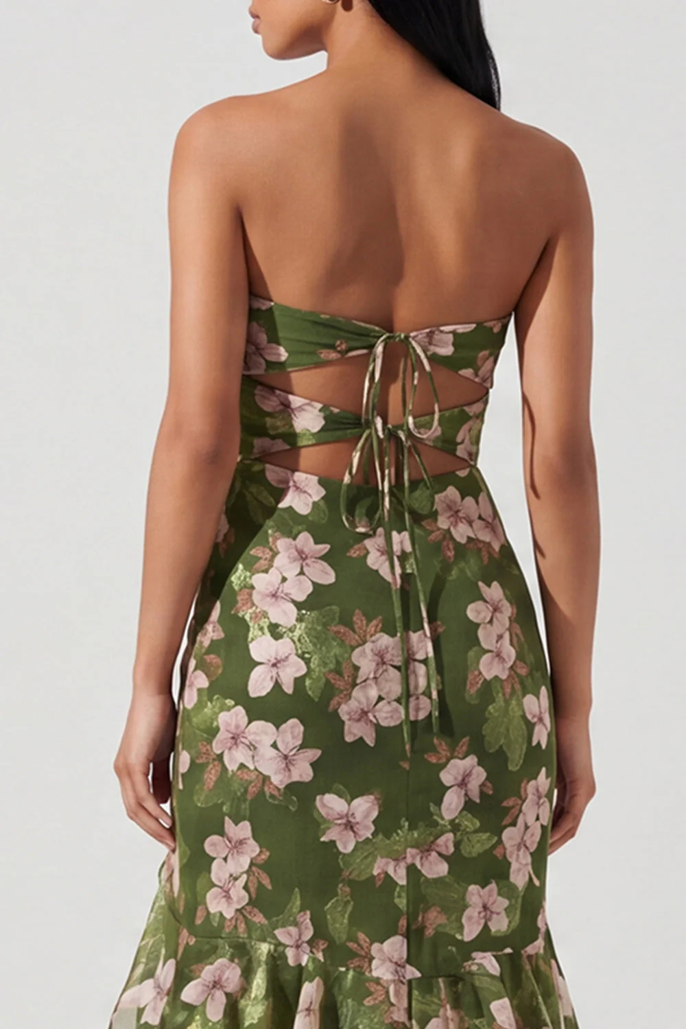 Dark Green Strapless Cut Out A Line Ruffled Maxi Floral Dress - Image 5