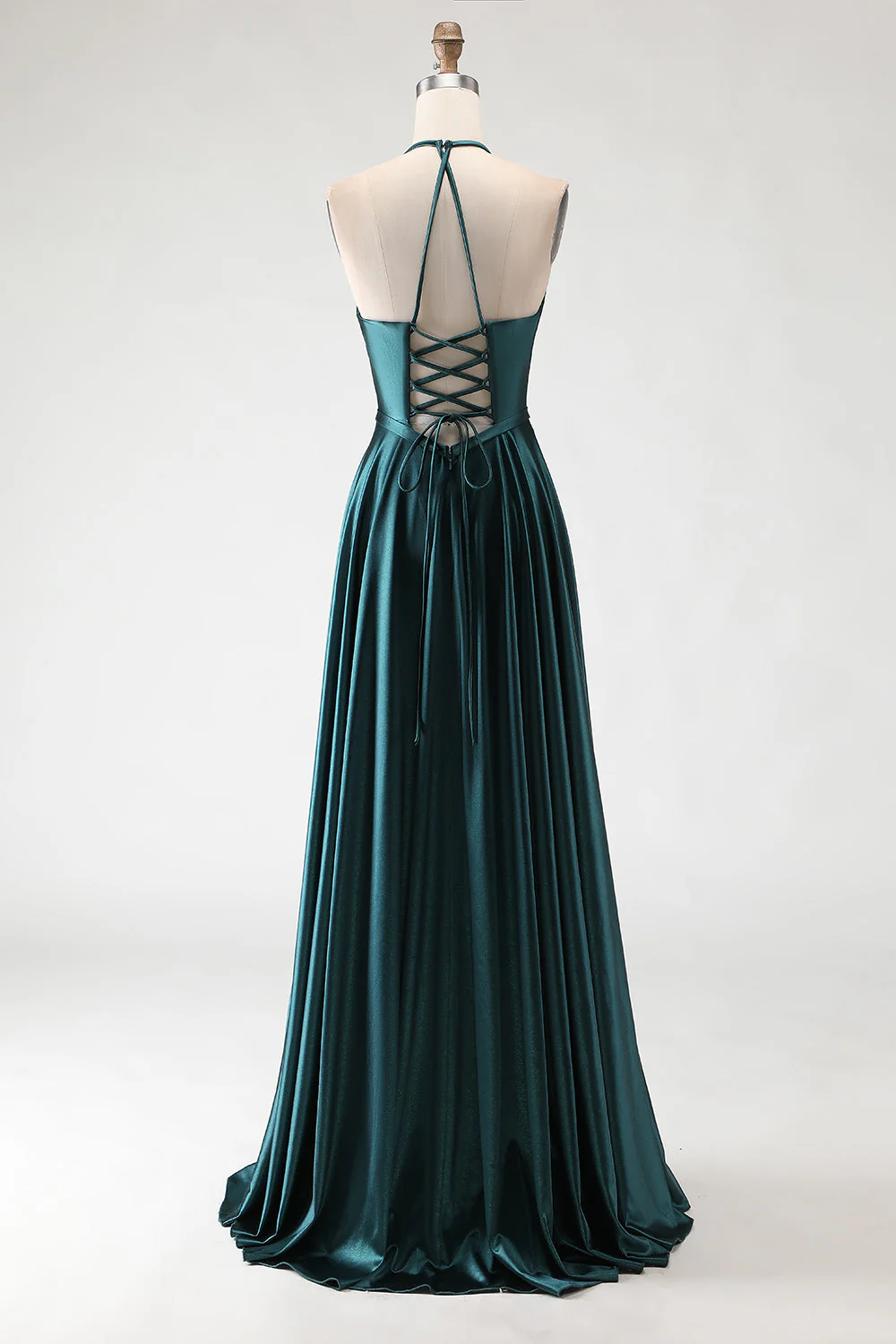 Dark Green Halter A Line Pleated Long Prom Dress with Slit - Image 2