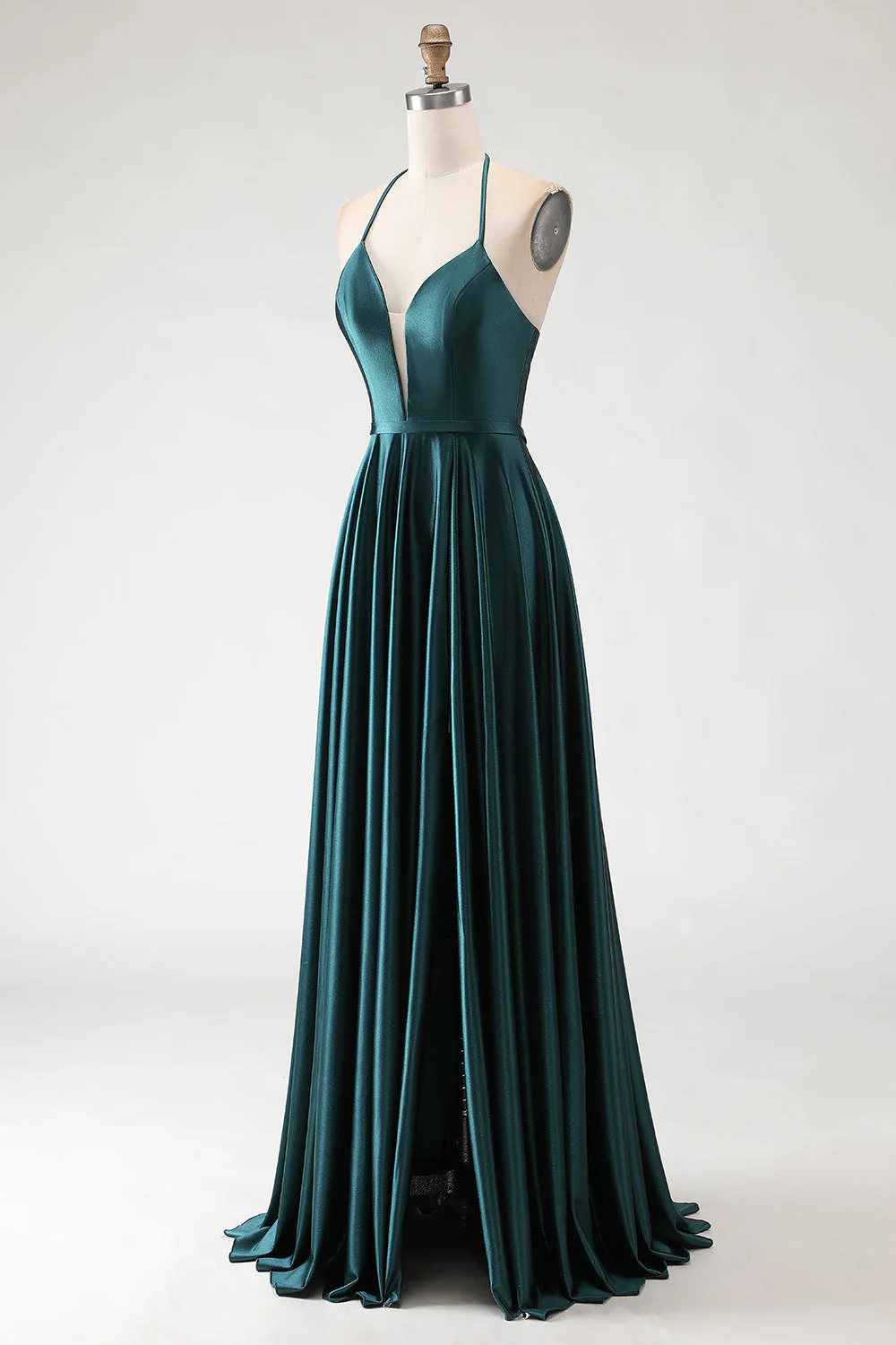 Dark Green Halter A Line Pleated Long Prom Dress with Slit - Image 3
