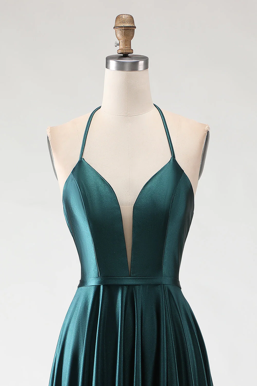 Dark Green Halter A Line Pleated Long Prom Dress with Slit - Image 4