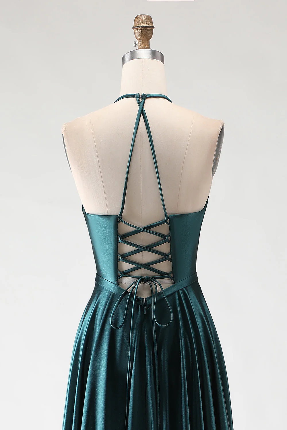 Dark Green Halter A Line Pleated Long Prom Dress with Slit - Image 5