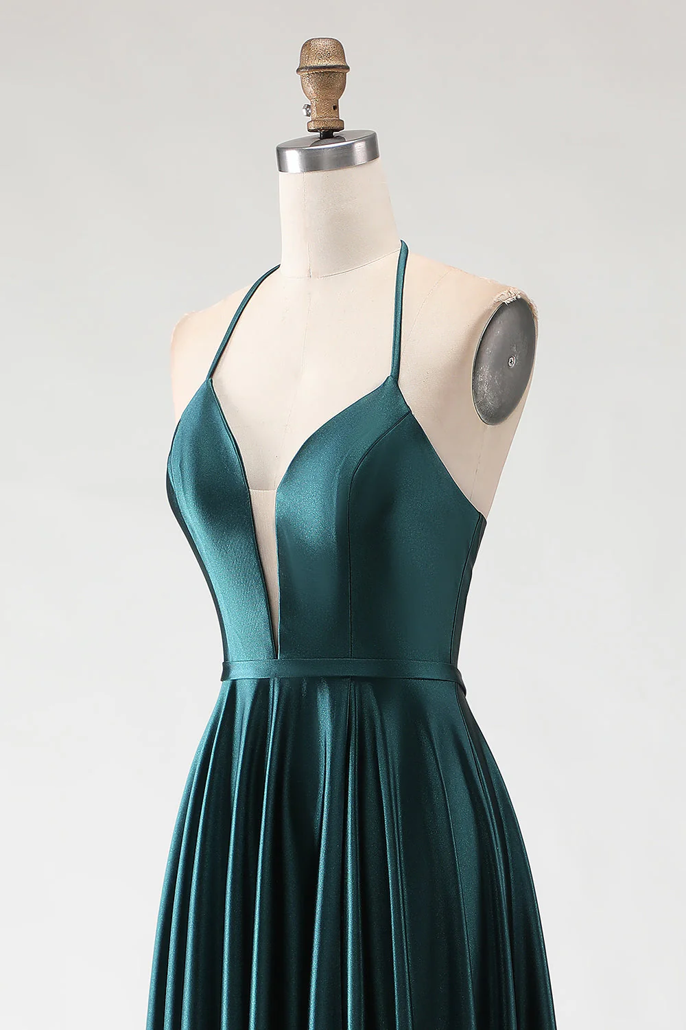 Dark Green Halter A Line Pleated Long Prom Dress with Slit - Image 6