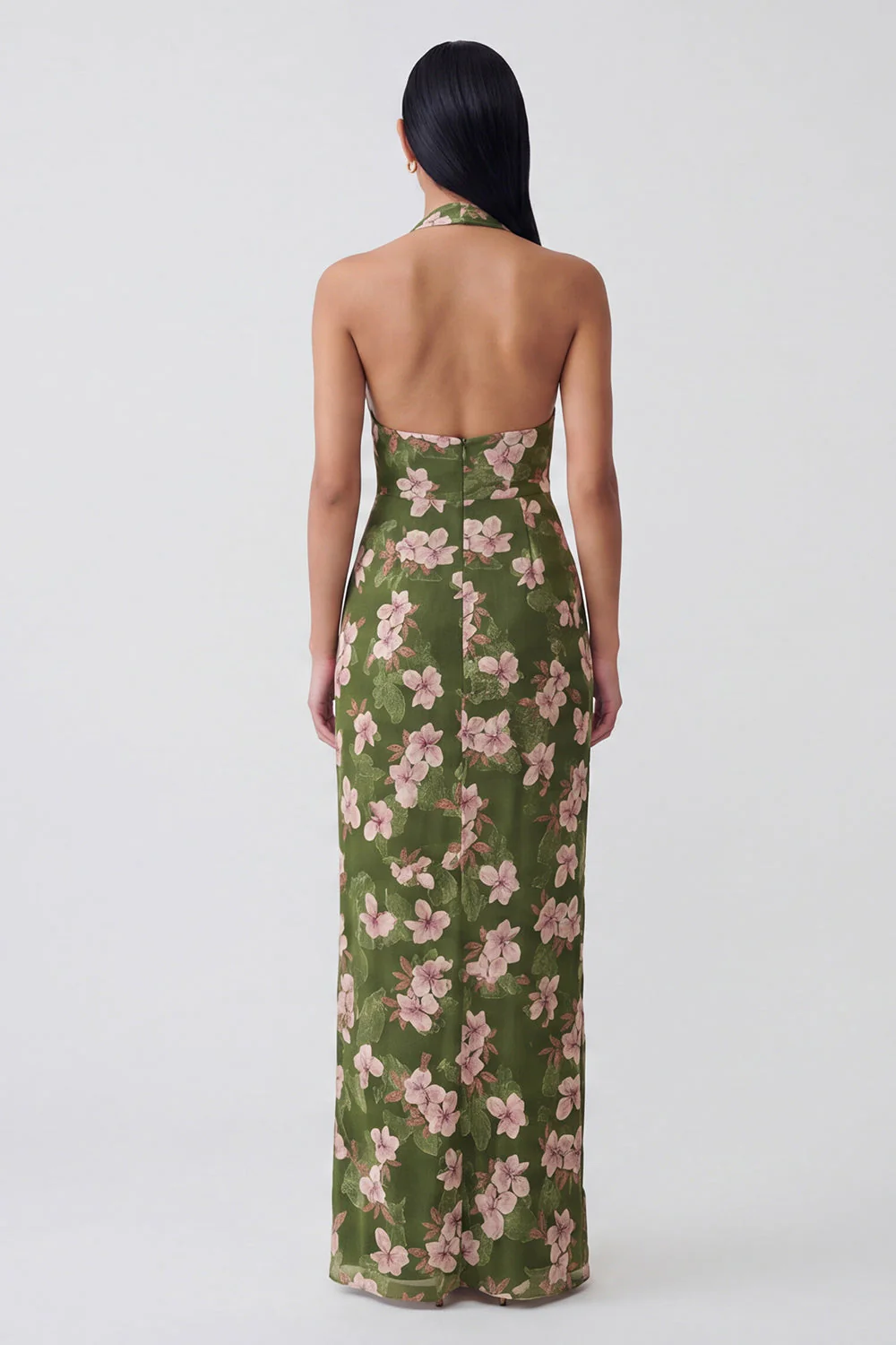 Halter Dark Green Sheath Printed Long Floral Dress - Image 2