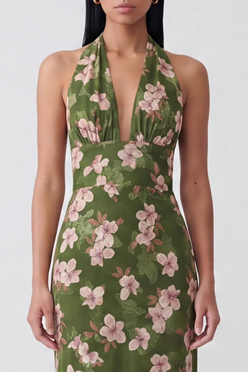 Halter Dark Green Sheath Printed Long Floral Dress - Image 3