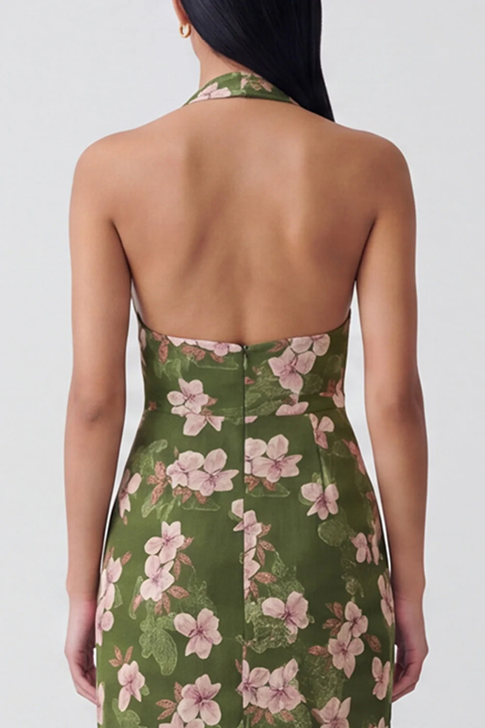 Halter Dark Green Sheath Printed Long Floral Dress - Image 4