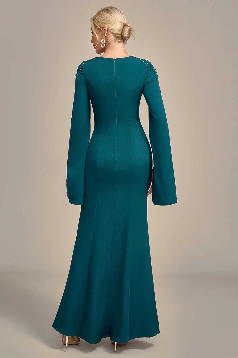 Dark Green Mermaid Beaded Round Neck Long Choir Dress - Image 2