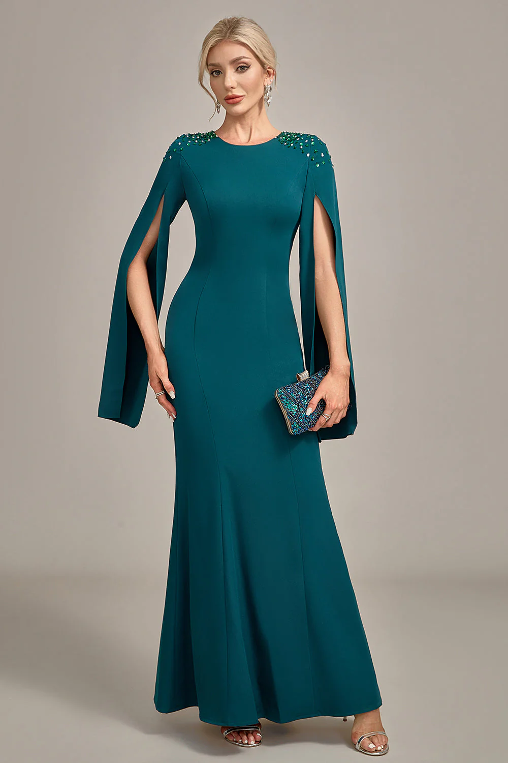 Dark Green Mermaid Beaded Round Neck Long Choir Dress - Image 3