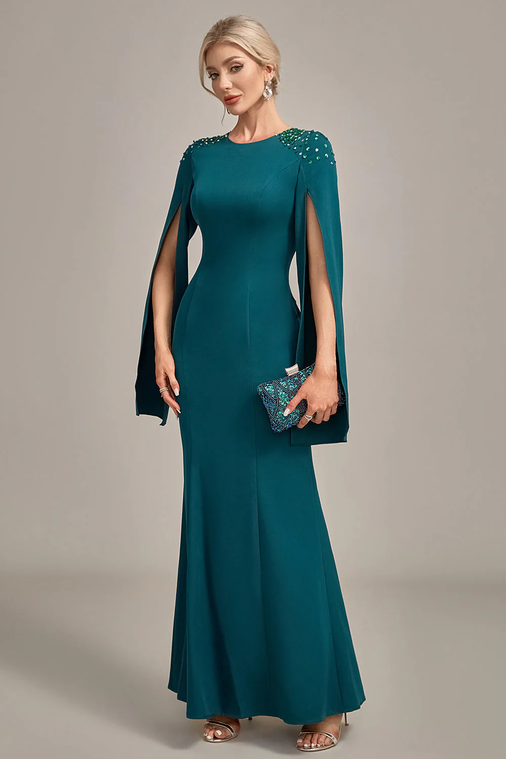 Dark Green Mermaid Beaded Round Neck Long Choir Dress - Image 4