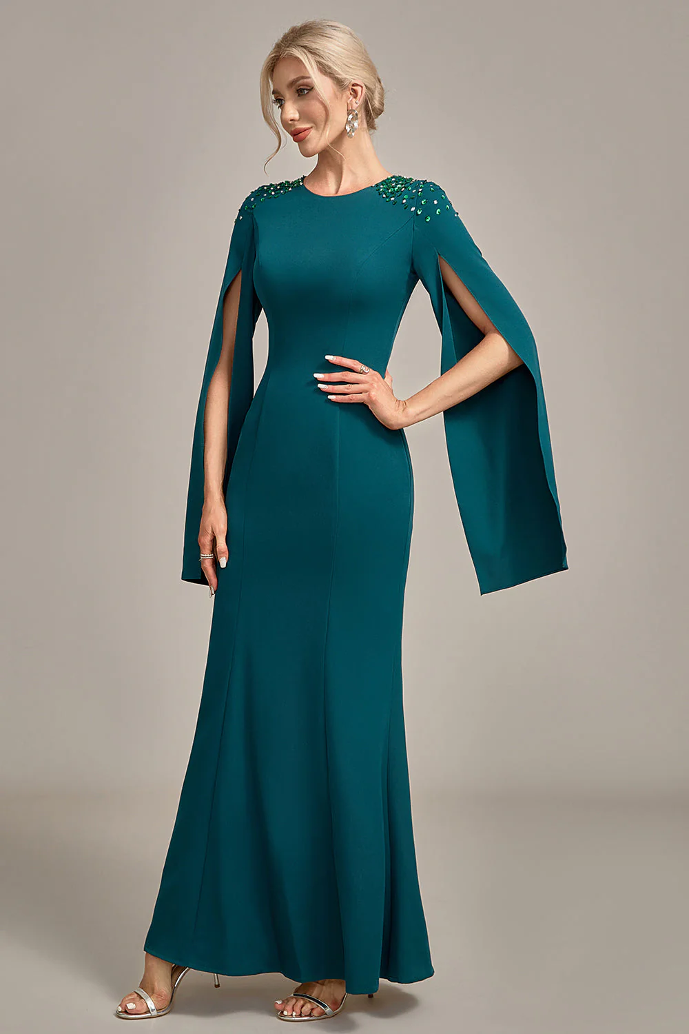 Dark Green Mermaid Beaded Round Neck Long Choir Dress - Image 5