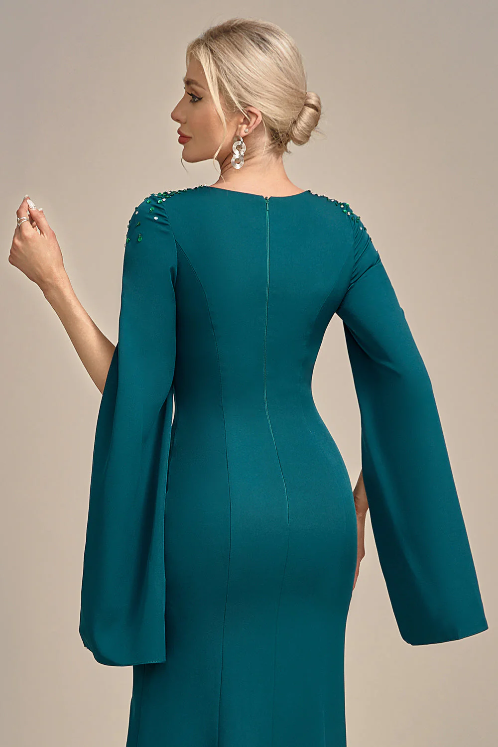 Dark Green Mermaid Beaded Round Neck Long Choir Dress - Image 6