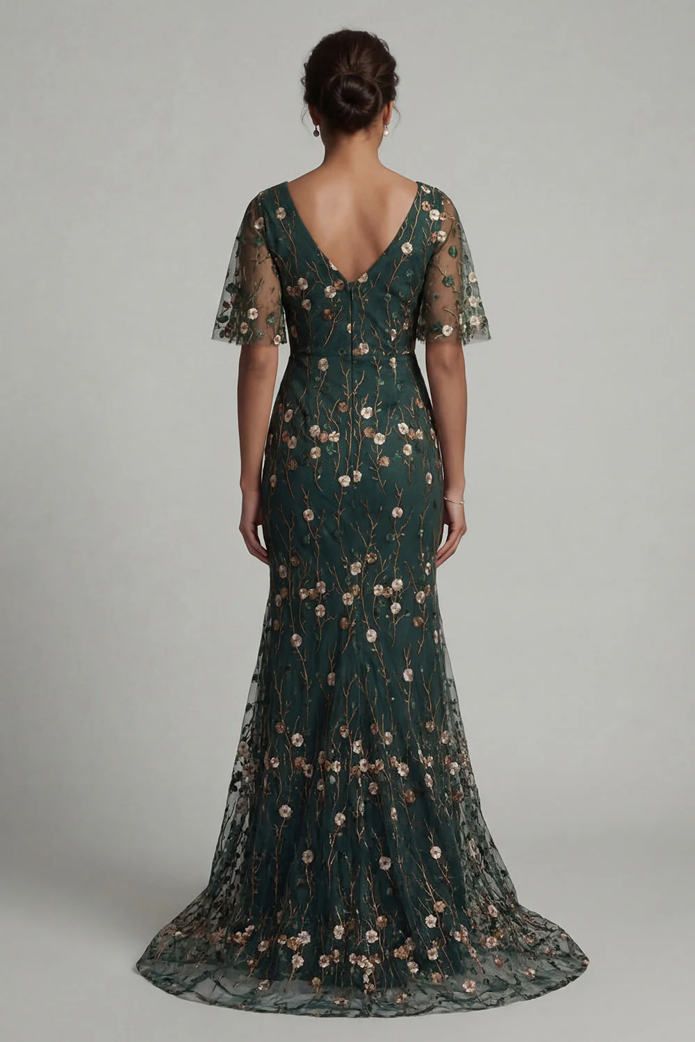 Dark Green Mermaid Embroidered Long Mother of the Bride Dress with Short Sleeves - Image 2