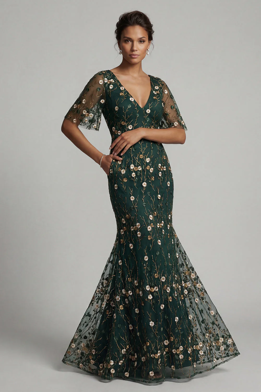 Dark Green Mermaid Embroidered Long Mother of the Bride Dress with Short Sleeves - Image 3