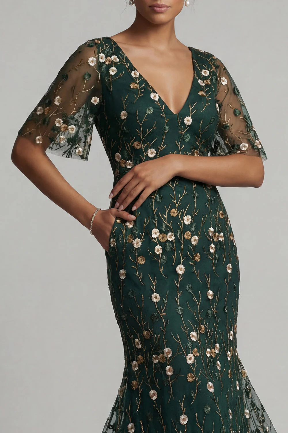 Dark Green Mermaid Embroidered Long Mother of the Bride Dress with Short Sleeves - Image 4