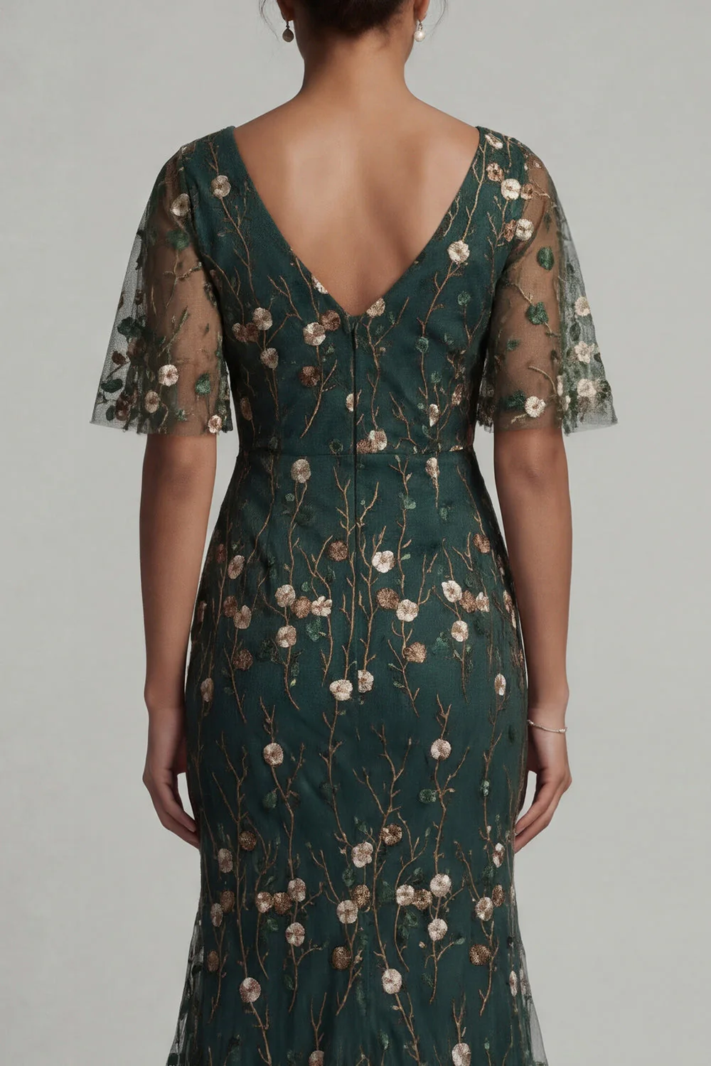 Dark Green Mermaid Embroidered Long Mother of the Bride Dress with Short Sleeves - Image 5