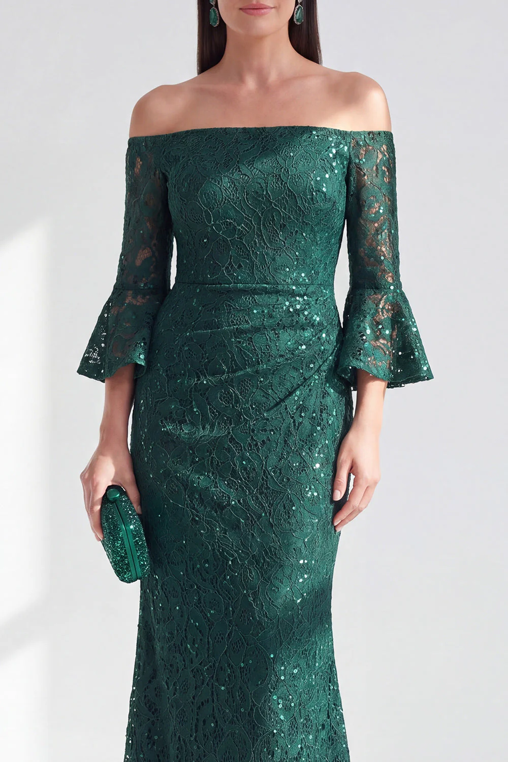 Dark Green Mermaid Off the Shoulder Long Mother Of the Bride Dress with Sequins - Image 3